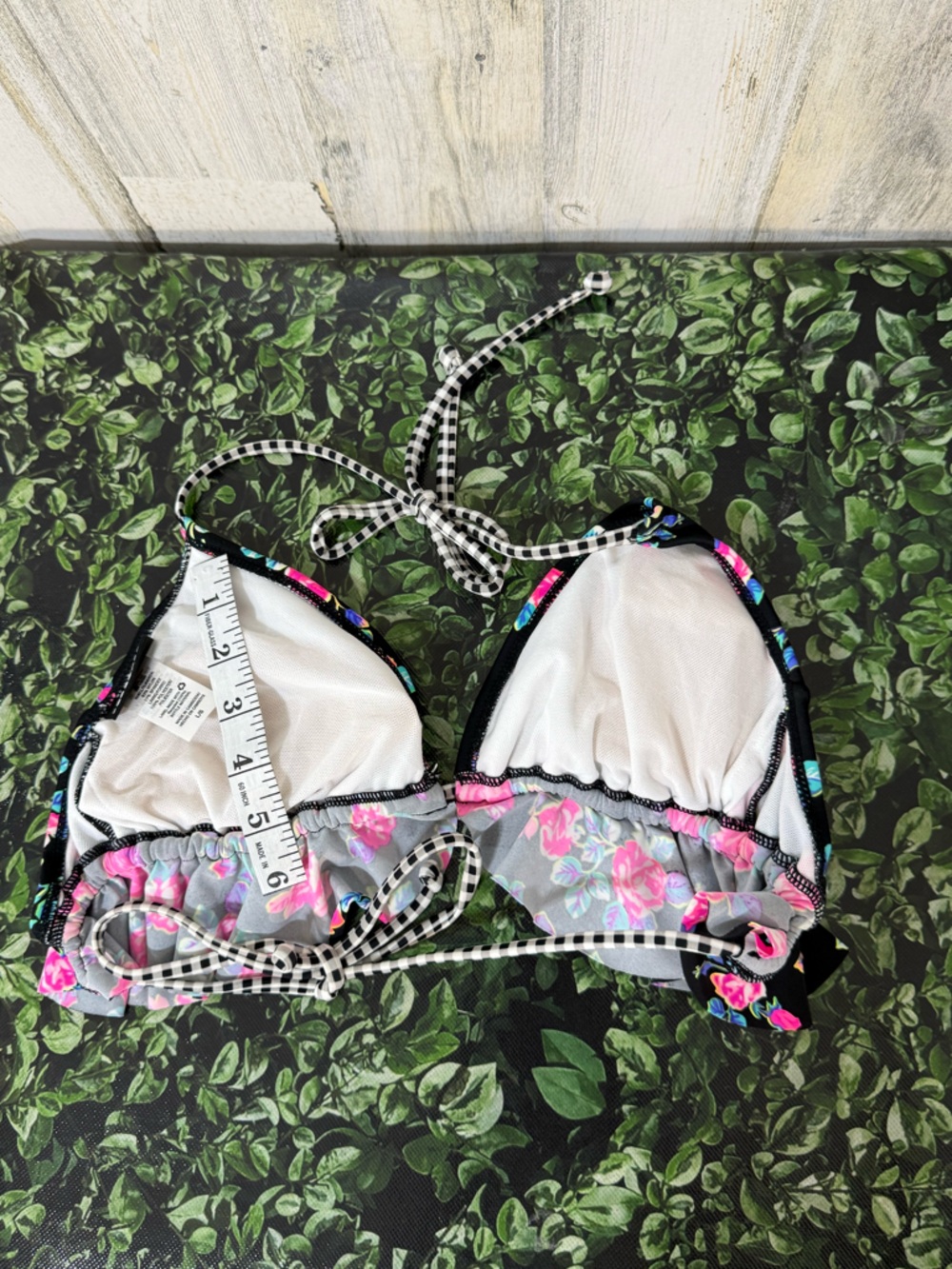 String Floral Ruffle Halter Bikini Top - Black with Pink Flowers - Picture 8 of 9